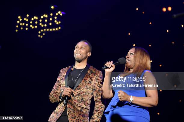 Hosts Lemar and Angie Greaves on stage during Magic Soul Live at Eventim Apollo, Hammersmith on February 23, 2019 in London, England.