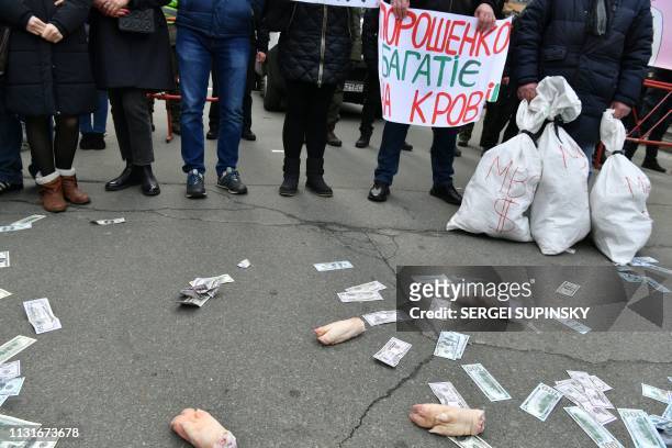 An activist of the "Movement of New Forces" party, founded by former Georgian President, holds a sign reading "Poroshenko gets rich in blood !" as...