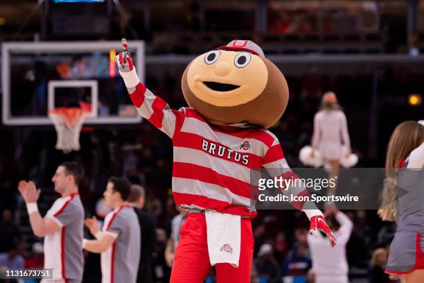 The Ohio State Buckeyes mascot Brutus is seen during a Big Ten Tournament game between the Indiana Hoosiers and the Ohio State Buckeyes on March 14...