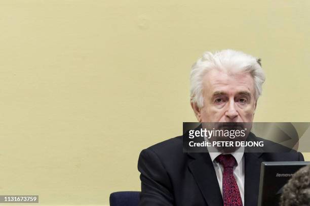 Former Bosnian Serb leader Radovan Karadzic sits in the court room of the International Residual Mechanism for Criminal Tribunals in The Hague,...