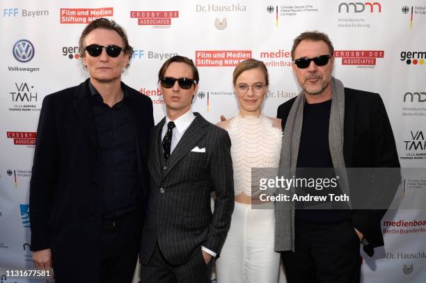 Oliver Masucci, Tom Schilling, Saskia Rosendahl and Sebastian Koch attend the German Oscar reception at The Villa Aurora on February 23, 2019 in...