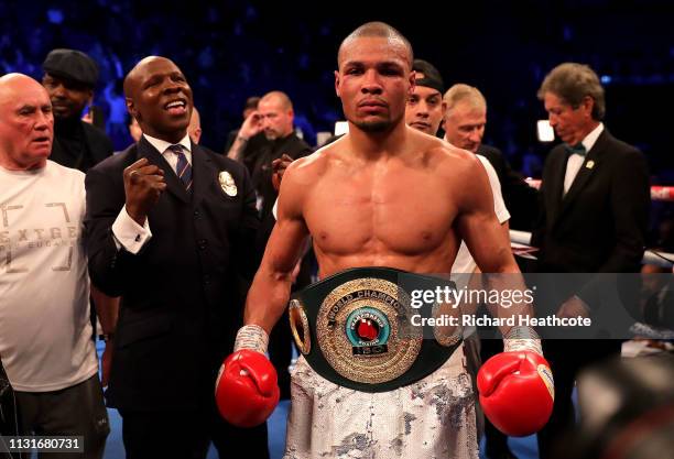 Chris Eubank Jr celebrates victory with his dad Chris Eubank after the IBO World Super Middleweight Title fight between James DeGale and Chris Eubank...