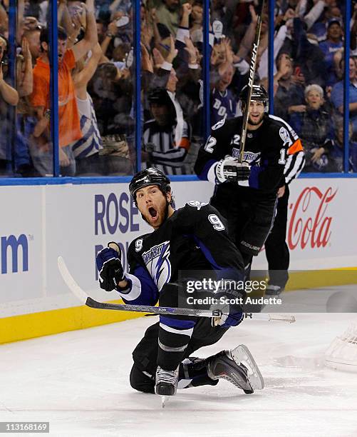 Steve Downie of the Tampa Bay Lightning celebrates his third period goal against the Pittsburgh Penguins in Game Six of the Eastern Conference...