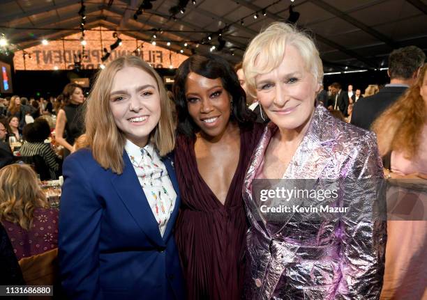 Elsie Fisher, Regina King and Glenn Close pose during the 2019 Film Independent Spirit Awards on February 23, 2019 in Santa Monica, California.