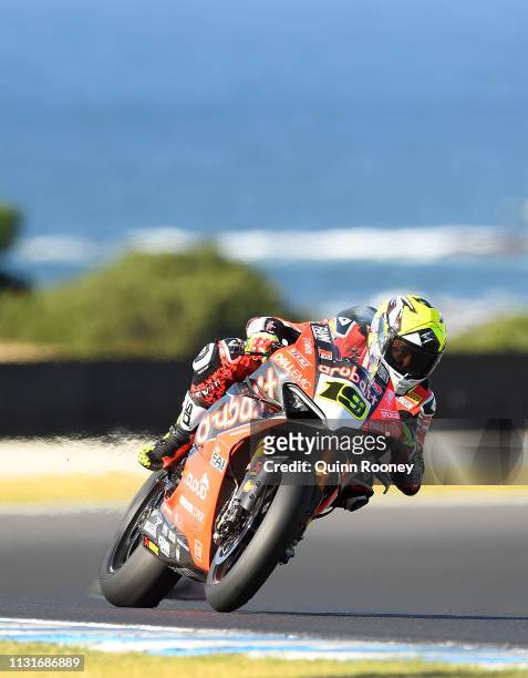 Alvaro Bautista of Spain and the ARUBA.IT Racing Ducati rides during warm up ahead of Race 2 of the World Superbikes Championships at Phillip Island...