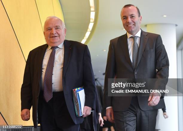 Chairman of the European People's Party Manfred Weber and EPP President Joseph Daul arrives for a European Peoples Party meeting concerning Hungary's...