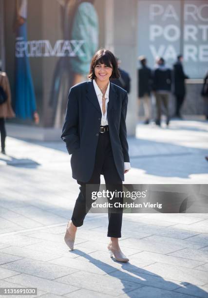 Maria Bernad is seen wearing black blazer and pants outside Sportmax on Day 3 Milan Fashion Week Autumn/Winter 2019/20 on February 22, 2019 in Milan,...