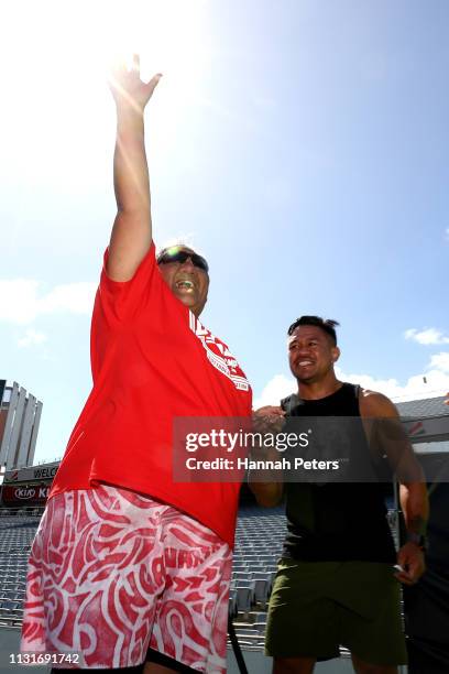 Former All Black Keven Mealamu and Dave Letele of BBM hand out prizes after taking part in the World's Biggest Bootcamp on Eden Park on February 24,...