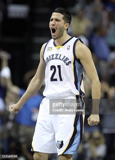 Greivis Vasquez of the Memphis Grizzlies celebrates during the game against the San Antonio Spurs in Game Four of the Western Conference...