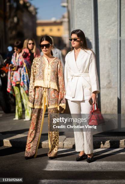 Aida Domenech and Marta Lozano is seen outside Etro on Day 3 Milan Fashion Week Autumn/Winter 2019/20 on February 22, 2019 in Milan, Italy.