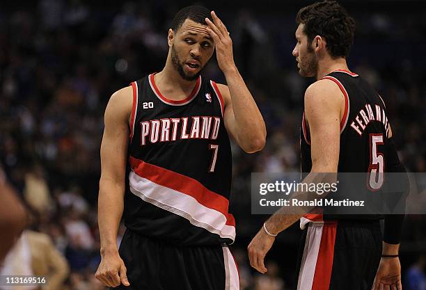 Brandon Roy and Rudy Fernandez of the Portland Trail Blazers in Game Five of the Western Conference Quarterfinals during the 2011 NBA Playoffs on...