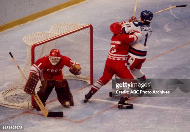 Lake Placid, NY United States team vs Russian team, competing in the Men's ice hockey tournament, the 'Miracle on Ice', at the 1980 Winter Olympics /...