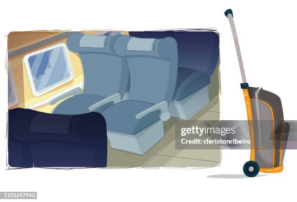 the suitcase and airplane armchairs - airplane passengers empty seat stock illustrations