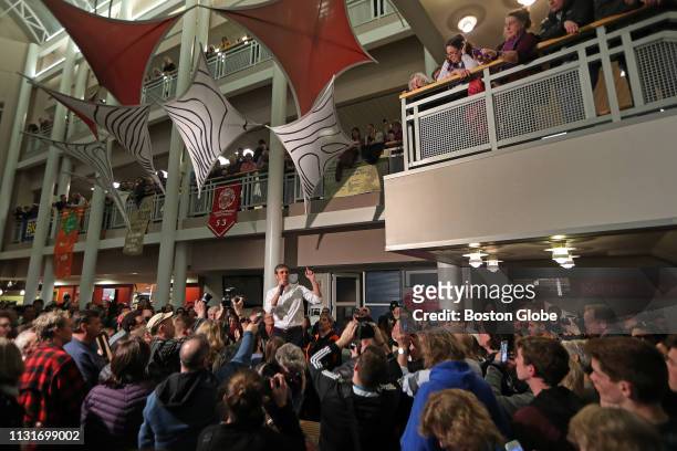 Presidential candidate and former Texas Congressman Robert "Beto" O'Rourke, elevated at center, kicks off his campaign for the Democratic...
