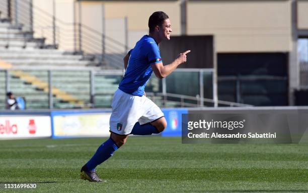 Giacomo Raspadori of Italy U19 celebrates after scoring his team second goal during the UEFA Elite Round match between Italy U19 and Belgium U19 at...