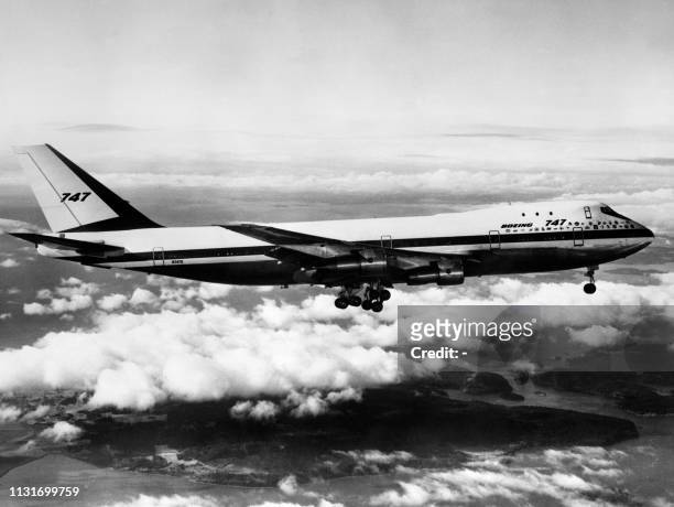 Picture shows a Boeing 747 during one of its first flight on February 19, 1969. On September 30 the first 747 was rolled out of the Everett assembly...