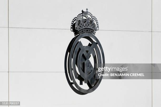 Picture shows the Real Madrid logo at the Spanish club's training facilities of Valdebebas in Madrid on March 20, 2019.