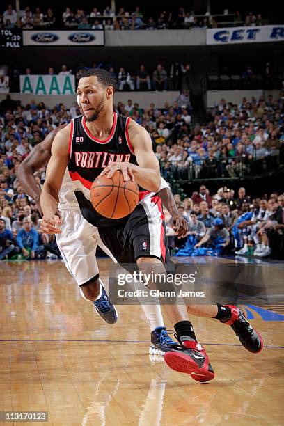 Brandon Roy of the Portland Trailblazers drives against the Dallas Mavericks in Game Five of the Western Conference Quarterfinals on April 25, 2011...