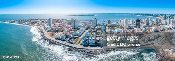 view of punta del este city, beach, ocean, skyline, gorriti island, aerial view, drone point of view, uruguay - punta del este photos et images de collection