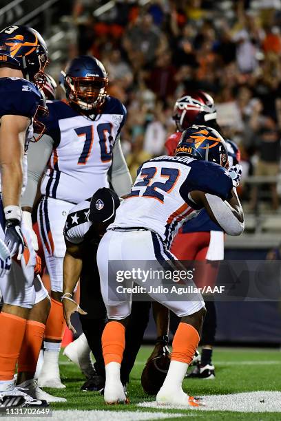 Ernest Johnson of the Orlando Apollos celebrates scoring against the Memphis Express in the first half during the Alliance of American Football game...