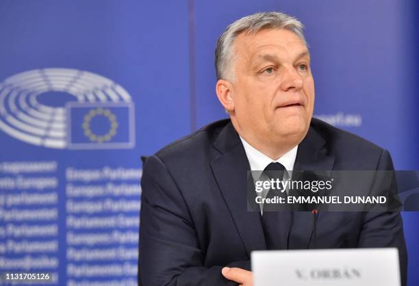 Hungary's Prime Minister Victor Orban addresses a press conference at the end of a European People's Party meeting at the European Parliament in...