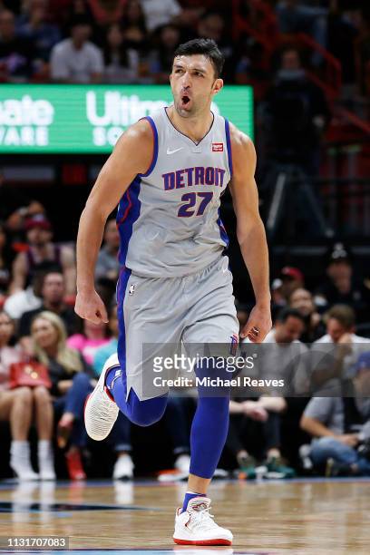 Zaza Pachulia of the Detroit Pistons reacts against the Miami Heat during the second half at American Airlines Arena on February 23, 2019 in Miami,...