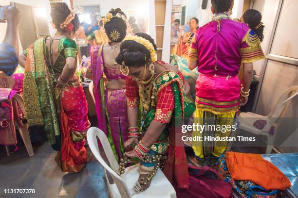 Lavni dancers get ready in the backstage during 10th anniversary of their lavni show Khatyal Ghungroo at Damodar Hall, Parel on March 18, 2019 in...