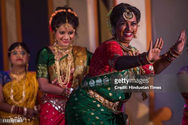 Lavni dancers performs during 10th anniversary of their lavni show Khatyal Ghungroo at Damodar Hall, Parel on March 18, 2019 in Mumbai, India.