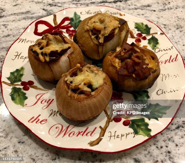 smoked stuffed onions - stuffing stock pictures, royalty-free photos & images