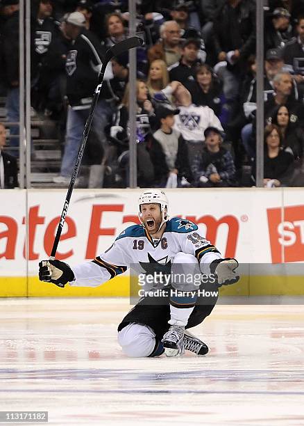 Joe Thornton of the San Jose Sharks celebrates after scoring the game winning goal against the Los Angeles Kings in game six of the Western...