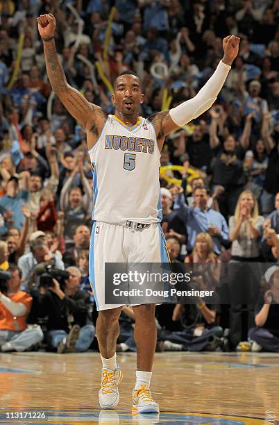 Smith of the Denver Nuggets reacts after scoring against the Oklahoma City Thunder in Game Four of the Western Conference Quarterfinals in the 2011...