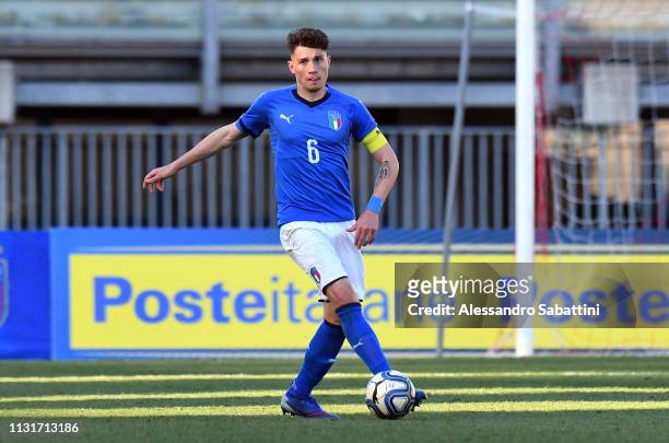 Davide Bettella of Italy U19 in action during the UEFA Elite Round match between Italy U19 and Belgium U19 at Stadio Euganeo on March 20, 2019 in...