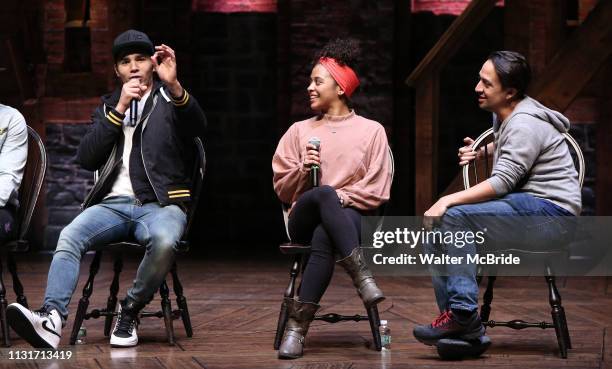 Anthony Lee Medina and Sasha Hollinger with Lin-Manuel Miranda making a surprise appearance during a Q & A before The Rockefeller Foundation and The...