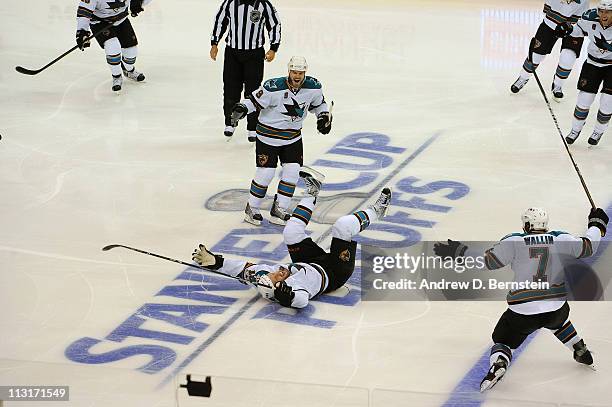 Joe Thornton of the San Jose Sharks reacts after scoring the series winning goal against the Los Angeles Kings in Game Six of the Western Conference...