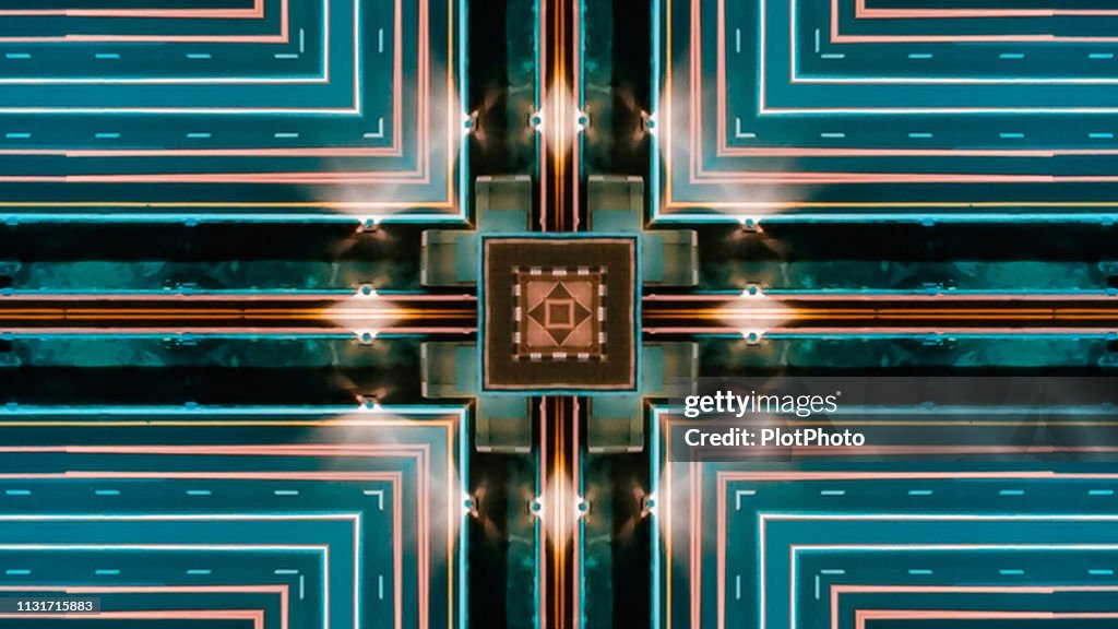 Nahtloses Muster. Geometrische Kunst abstrakter digitaler Hintergrund mit Neonlicht-Linien quadratisch