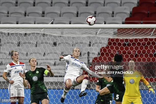 Lyon's Norwegian forward Ada Hegerberg tries to score during the UEFA women's Champions League quarter-final football match between Olympique...