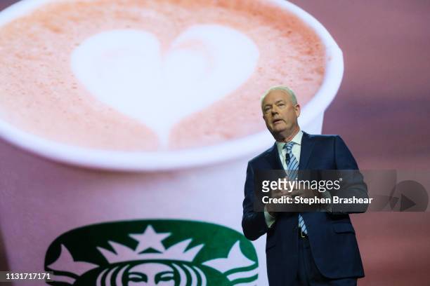 Starbucks CEO Kevin Johnson speaks during the company's annual shareholders meeting at WAMU Theater, on March 20, 2019 in Seattle, Washington. The...