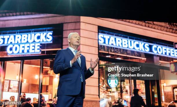 Starbucks CEO Kevin Johnson speaks during the company's annual shareholders meeting at WAMU Theater, on March 20, 2019 in Seattle, Washington. The...