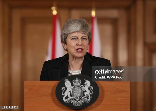 British Prime Minister, Theresa May addresses the nation after asking the European Union for a Brexit extension, at number 10 Downing Street on March...