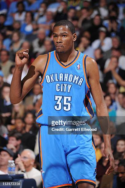 Kevin Durant of the Oklahoma City Thunder celebrates against the Denver Nuggets in Game Four of the Western Conference Quarterfinals in the 2011 NBA...