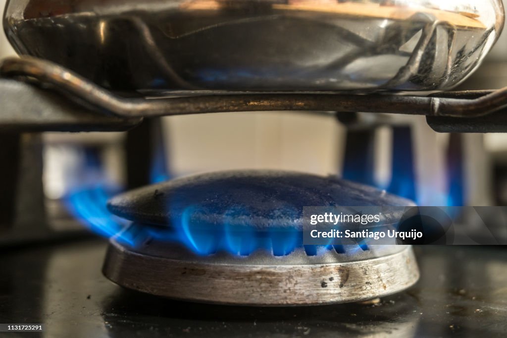 Close-Up of Gas Stove Burner and pot