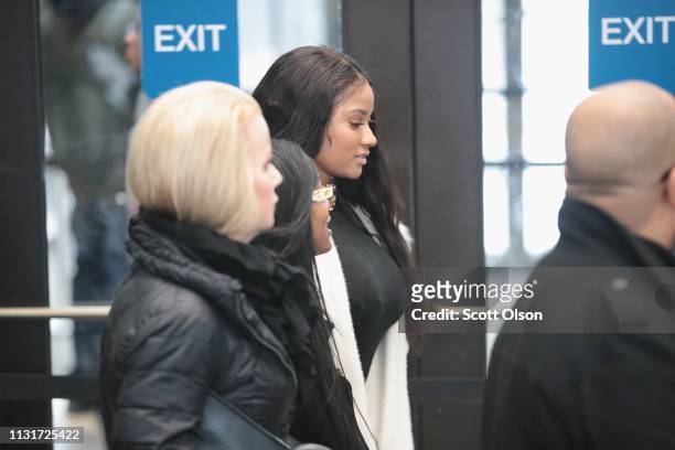 Joycelyn Savage arrives for a bond hearing or R&B singer R. Kelly at the Leighton Criminal Court Building on February 23, 2019 in Chicago, Illinois....