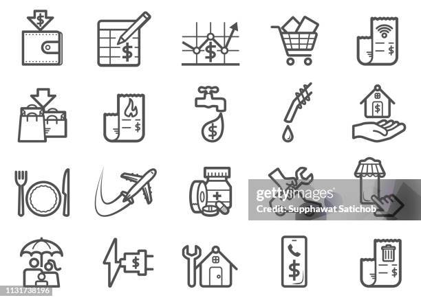 monatliche ausgabelinie icons set - haushaltskosten stock-grafiken, -clipart, -cartoons und -symbole