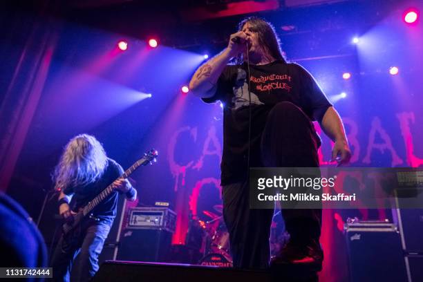 Bassist Alex Webster and vocalist George "Corpsegrinder" Fisher Of Cannibal Corpse perform at The Regency Ballroom on February 23, 2019 in San...