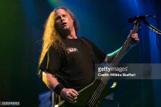 Bassist Steve Tucker of Morbid Angel performs at The Regency Ballroom on February 23, 2019 in San Francisco, California.