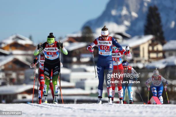 Sadie Bjornsen of the United States, Katja Visnar of Slovenia, Natalia Nepryaeva of Russia and Justyna Kowalczyk of Poland compete in the second...