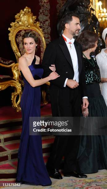 Prince Felipe of Spain and Princess Letizia of Spain attend the Gala Dinner in honour of the Emir of the State of Qatar and Sheikha Mozah Bint Nasser...