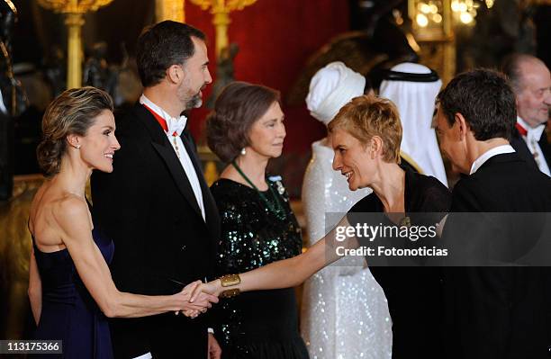 Princess Letizia of Spain , Prince Felipe of Spain and Queen Sofia of Spain receive Sonsoles Espinosa and Prime Minister Jose Luis Rodriguez Zapatero...