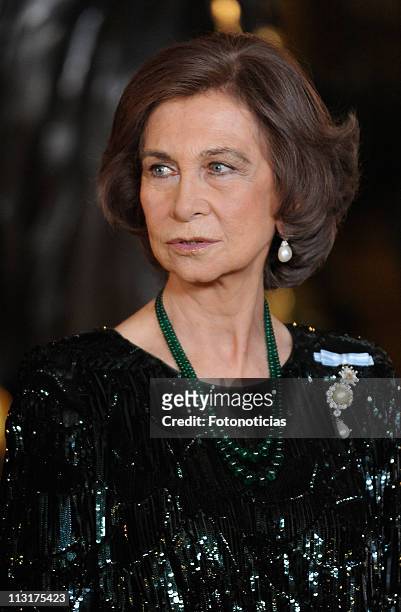 Queen Sofia of Spain attends the Gala Dinner in honour of the Emir of the State of Qatar and Sheikha Mozah Bint Nasser at The Royal Palace on April...