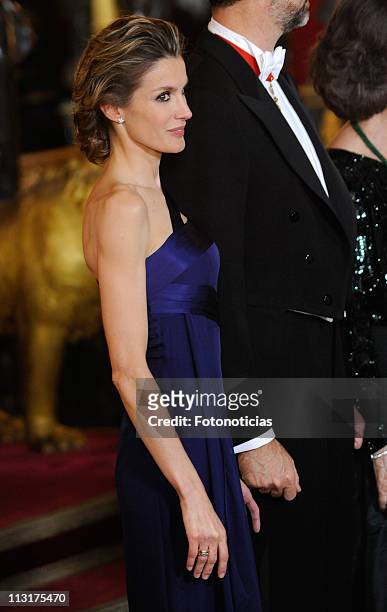 Princess Letizia of Spain attends the Gala Dinner in honour of the Emir of the State of Qatar and Sheikha Mozah Bint Nasser at The Royal Palace on...